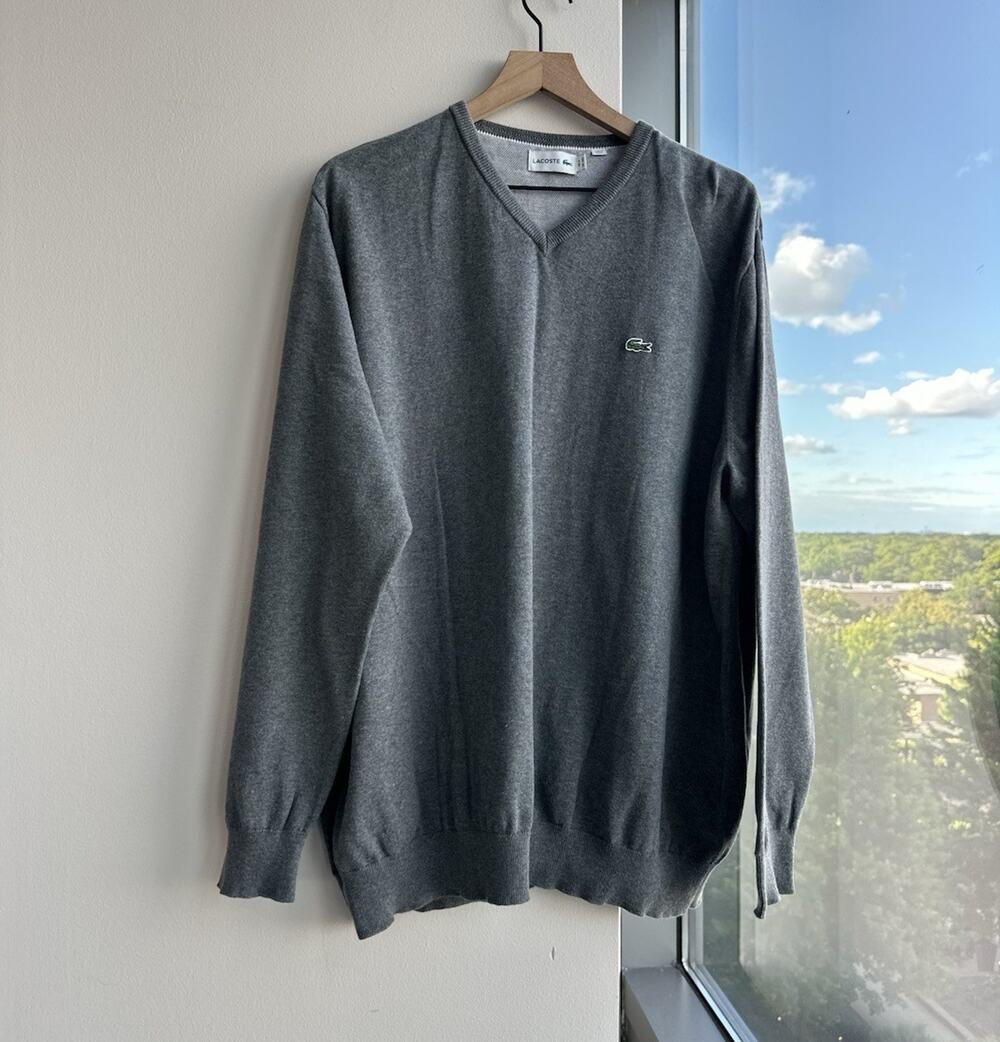 Lacoste Gray Tight-Knit V-Neck Cotton Crocodile Logo Pullover Sweater 3XL